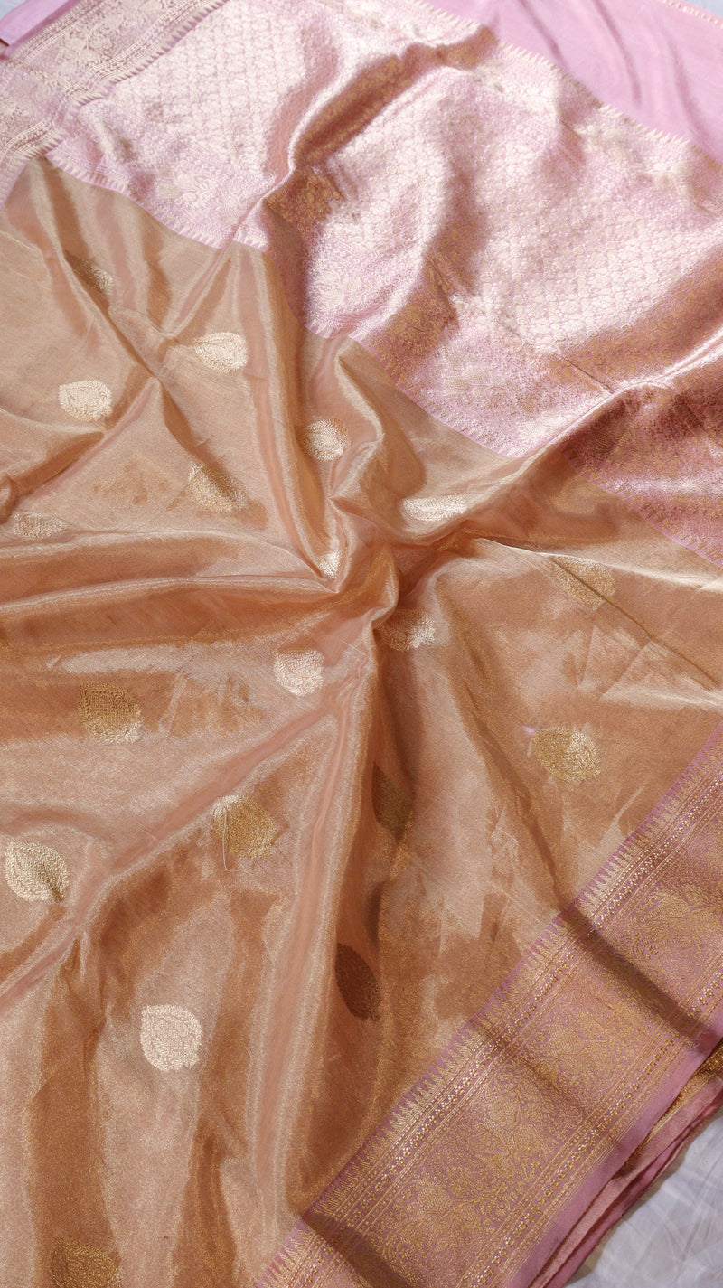 Peach Pink Pure Tissue Silk Handloom Saree with Contrast Blouse