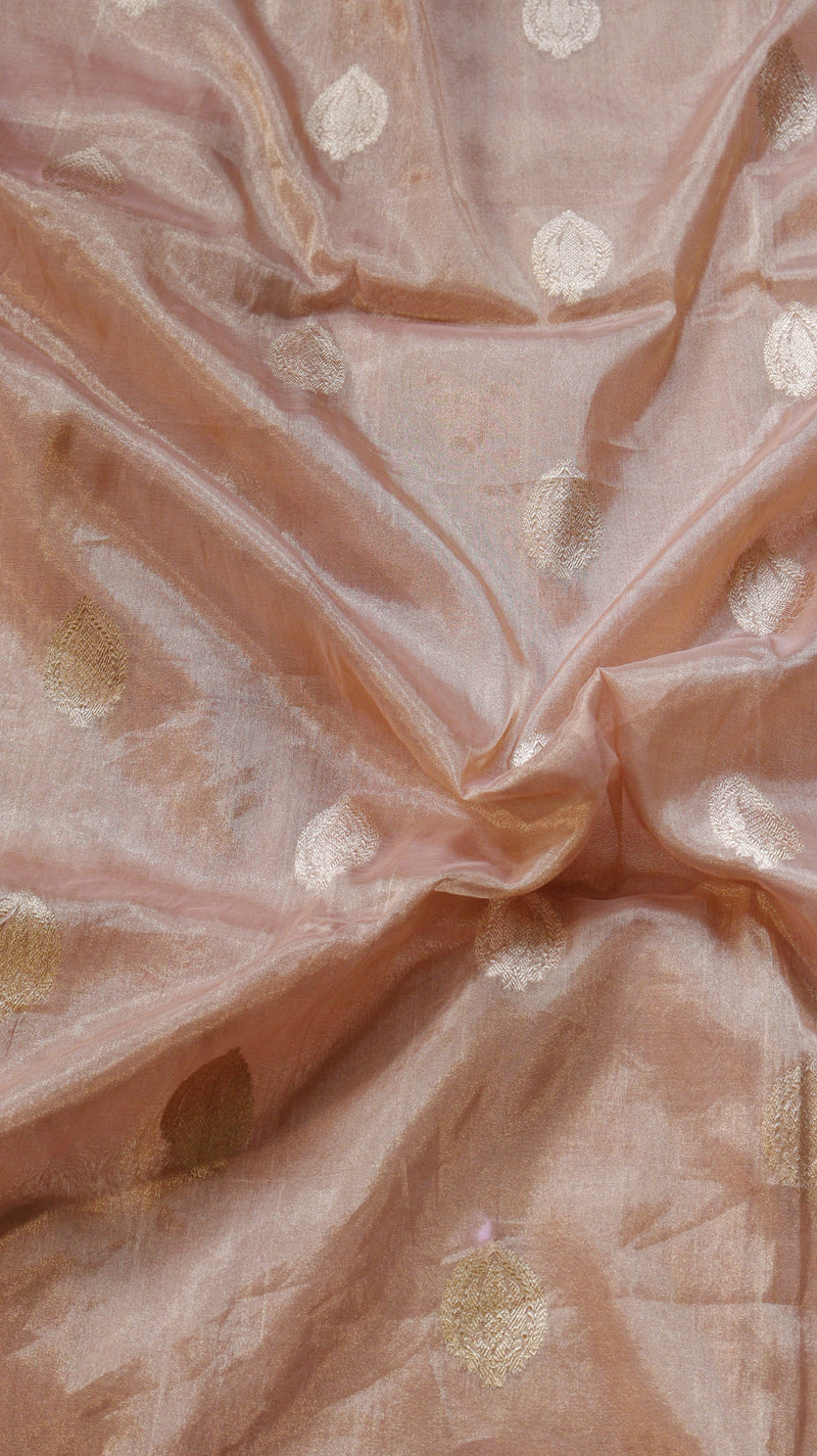 Peach Pink Pure Tissue Silk Handloom Saree with Contrast Blouse