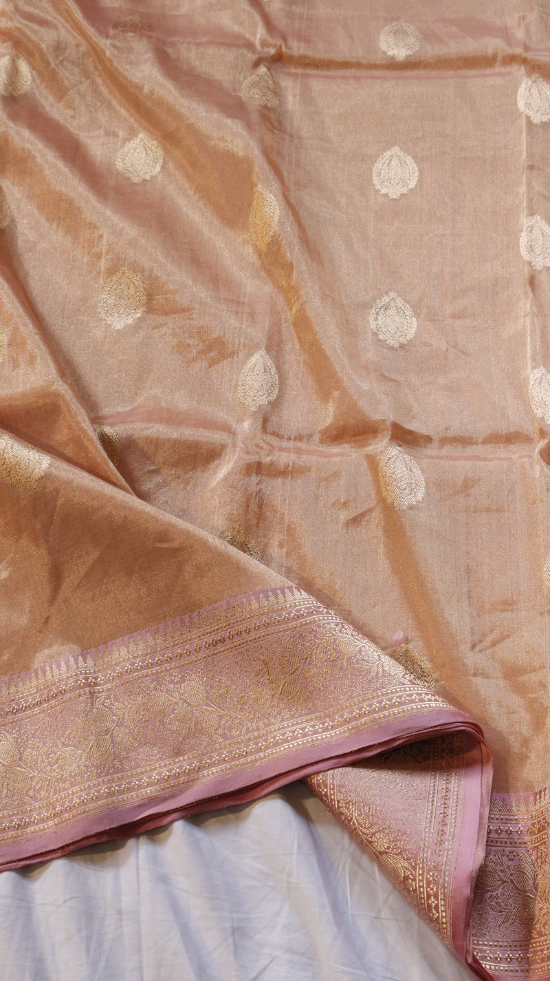 Peach Pink Pure Tissue Silk Handloom Saree with Contrast Blouse