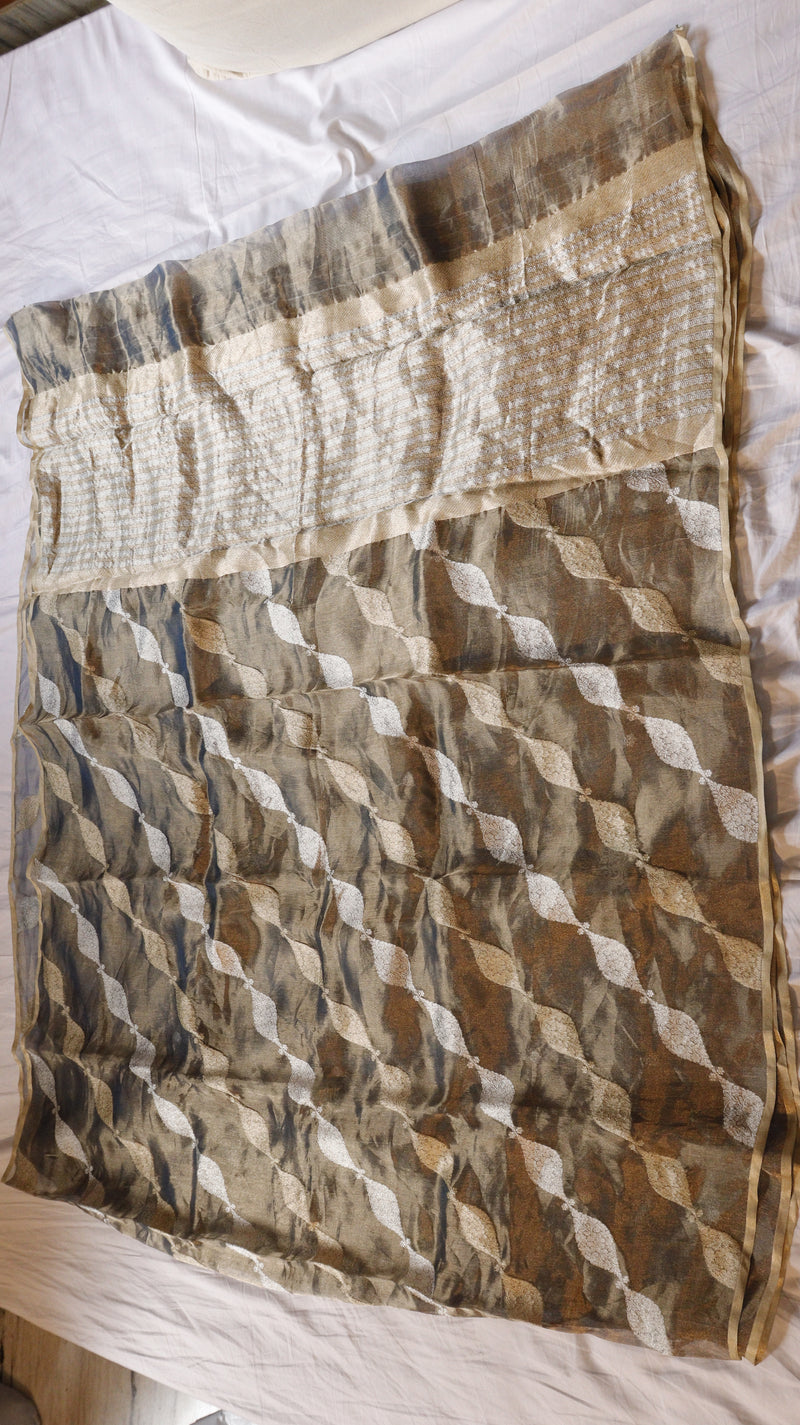 Black Pure Tissue Silk Handloom Saree with Silver & Golden Zari Leaf Shaped