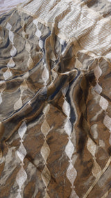 Black Pure Tissue Silk Handloom Saree with Silver & Golden Zari Leaf Shaped