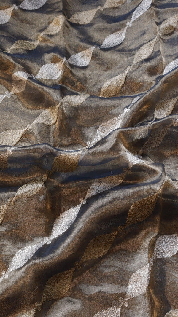 Black Pure Tissue Silk Handloom Saree with Silver & Golden Zari Leaf Shaped