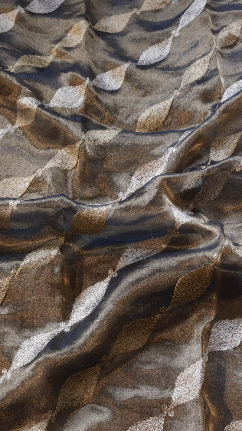 Black Pure Tissue Silk Handloom Saree with Silver & Golden Zari Leaf Shaped