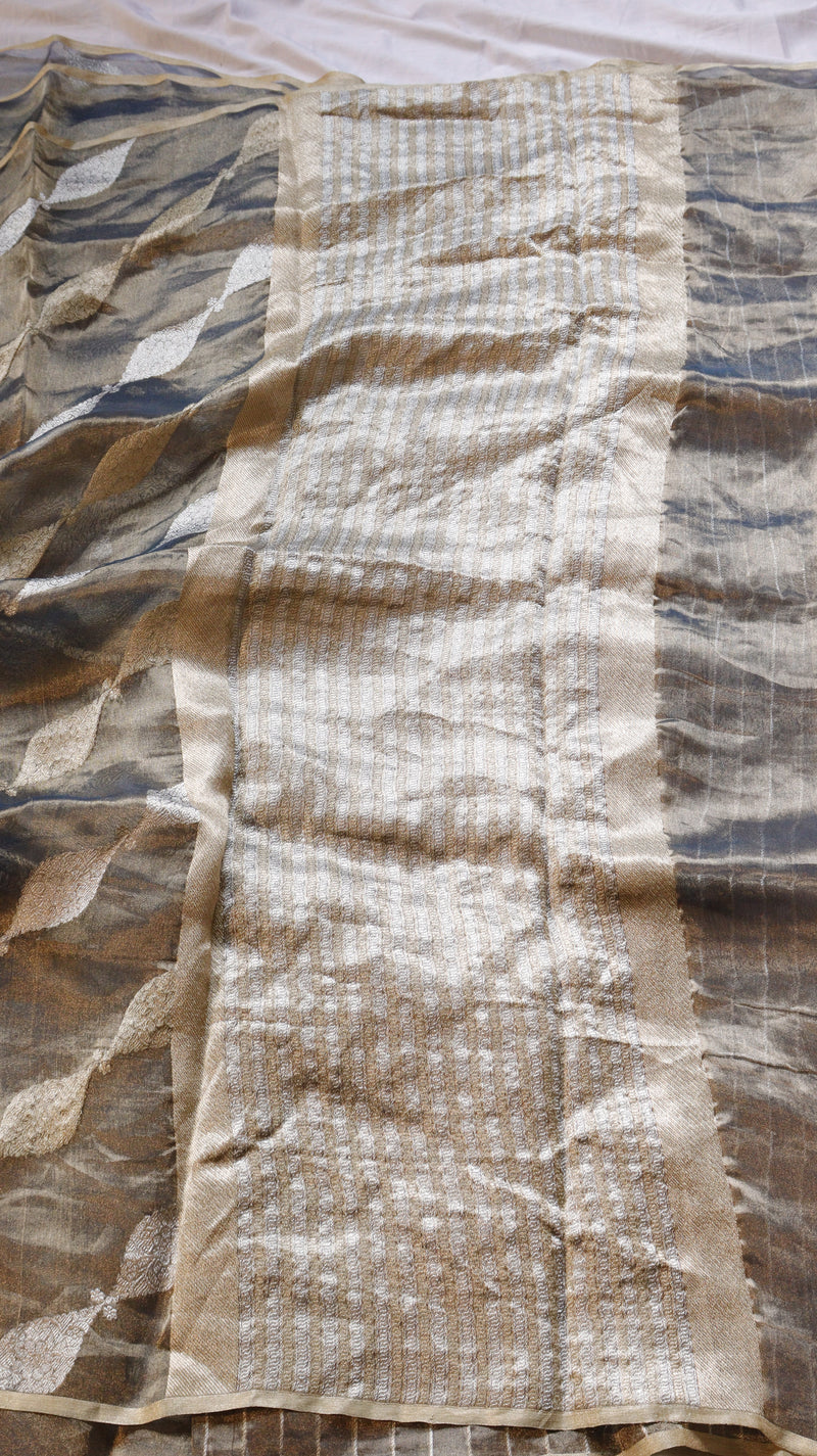 Black Pure Tissue Silk Handloom Saree with Silver & Golden Zari Leaf Shaped