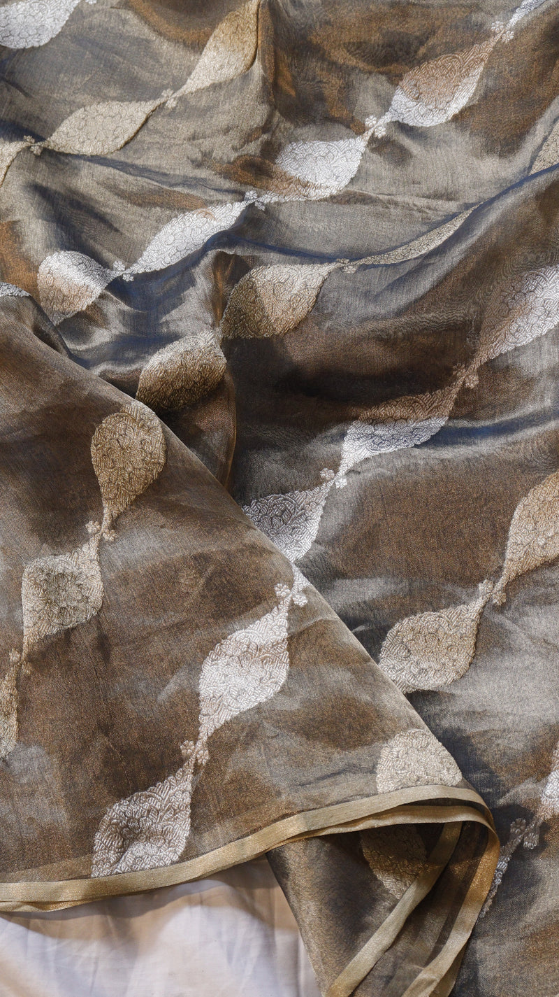 Black Pure Tissue Silk Handloom Saree with Silver & Golden Zari Leaf Shaped