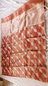 Rust Red Pure Tissue Silk Handloom Saree with Silver & Golden Zari Leaf Shaped