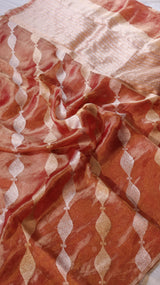 Rust Red Pure Tissue Silk Handloom Saree with Silver & Golden Zari Leaf Shaped