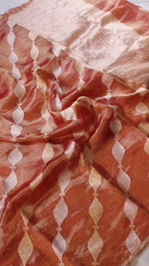Rust Red Pure Tissue Silk Handloom Saree with Silver & Golden Zari Leaf Shaped
