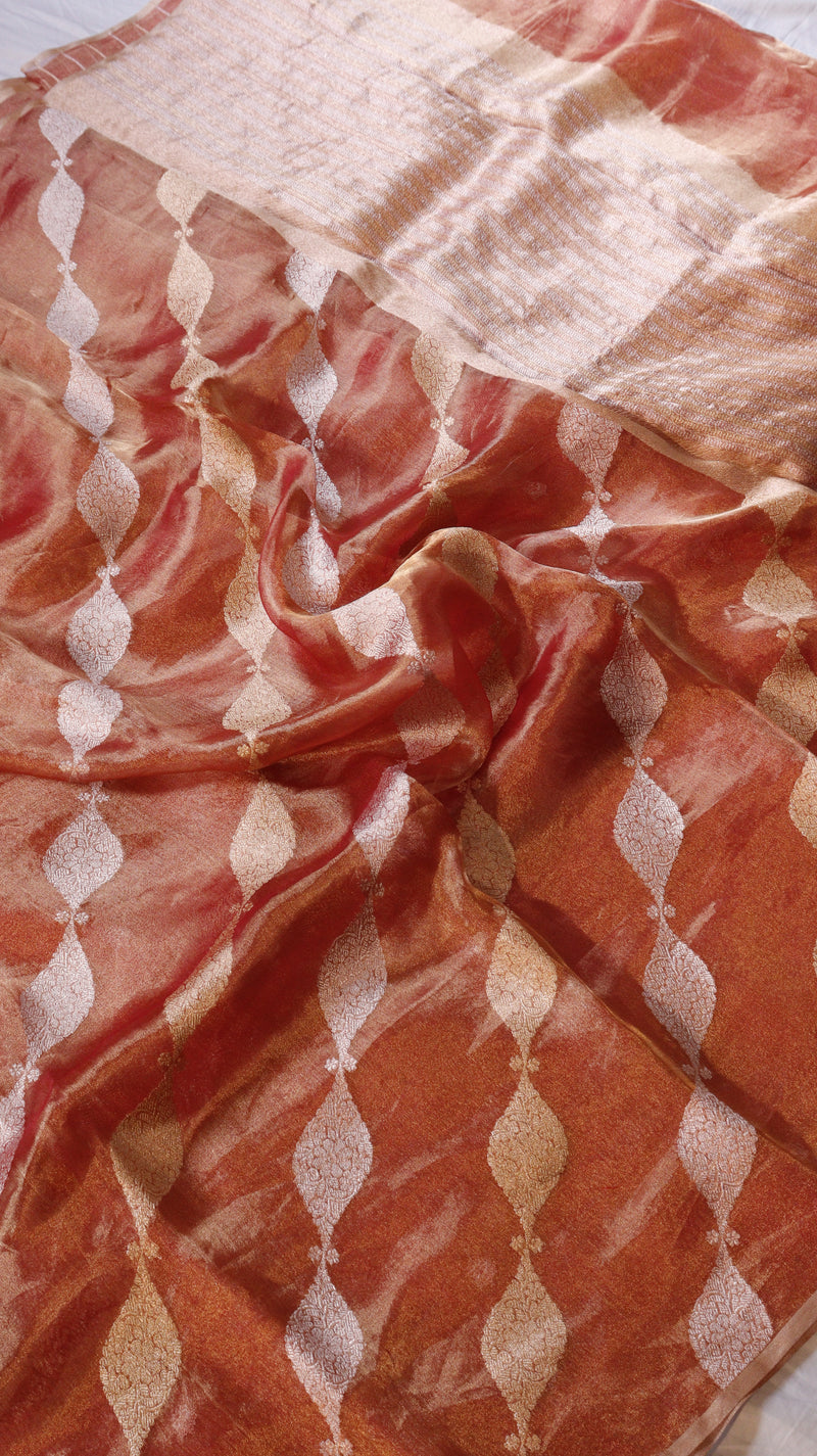 Rust Red Pure Tissue Silk Handloom Saree with Silver & Golden Zari Leaf Shaped