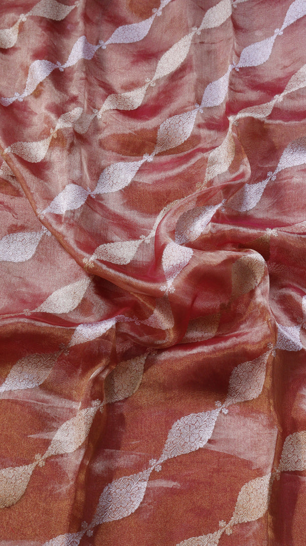 Rust Red Pure Tissue Silk Handloom Saree with Silver & Golden Zari Leaf Shaped