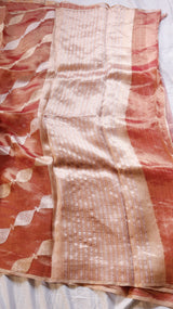 Rust Red Pure Tissue Silk Handloom Saree with Silver & Golden Zari Leaf Shaped