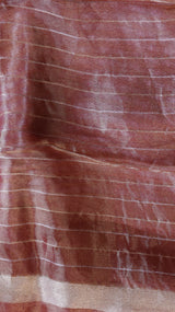 Rust Red Pure Tissue Silk Handloom Saree with Silver & Golden Zari Leaf Shaped