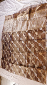 Brown Pure Tissue Silk Handloom Saree with Silver & Golden Zari Leaf Shaped