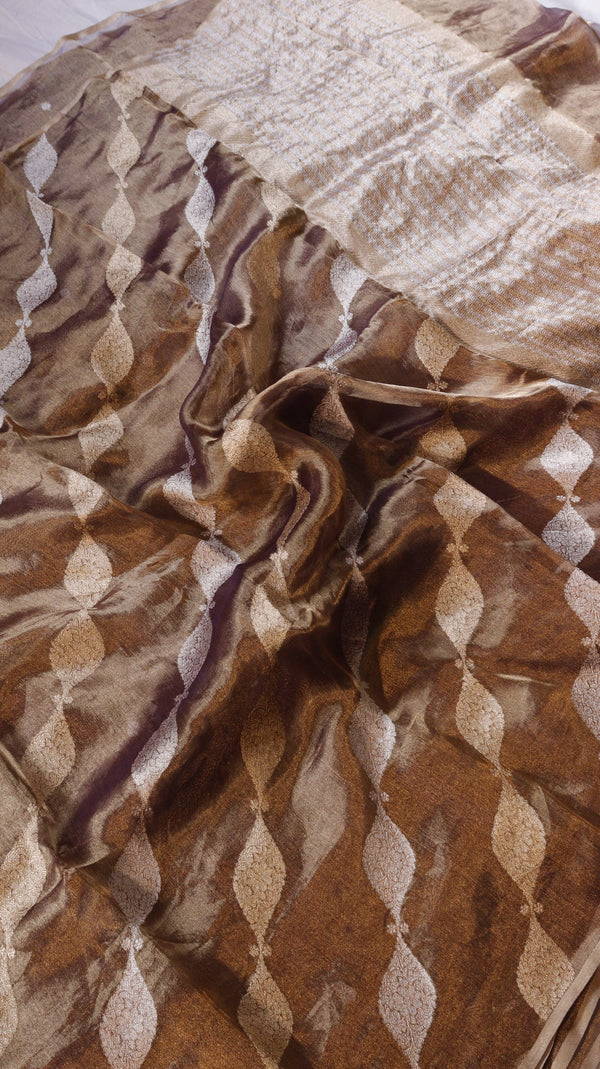 Brown Pure Tissue Silk Handloom Saree with Silver & Golden Zari Leaf Shaped