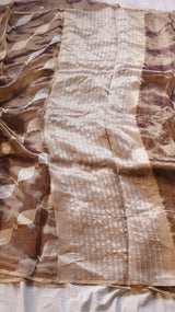 Brown Pure Tissue Silk Handloom Saree with Silver & Golden Zari Leaf Shaped