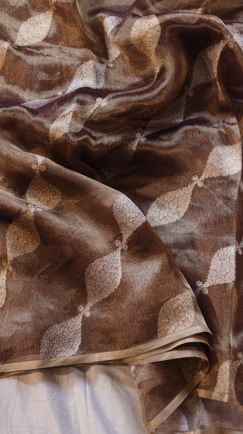 Brown Pure Tissue Silk Handloom Saree with Silver & Golden Zari Leaf Shaped