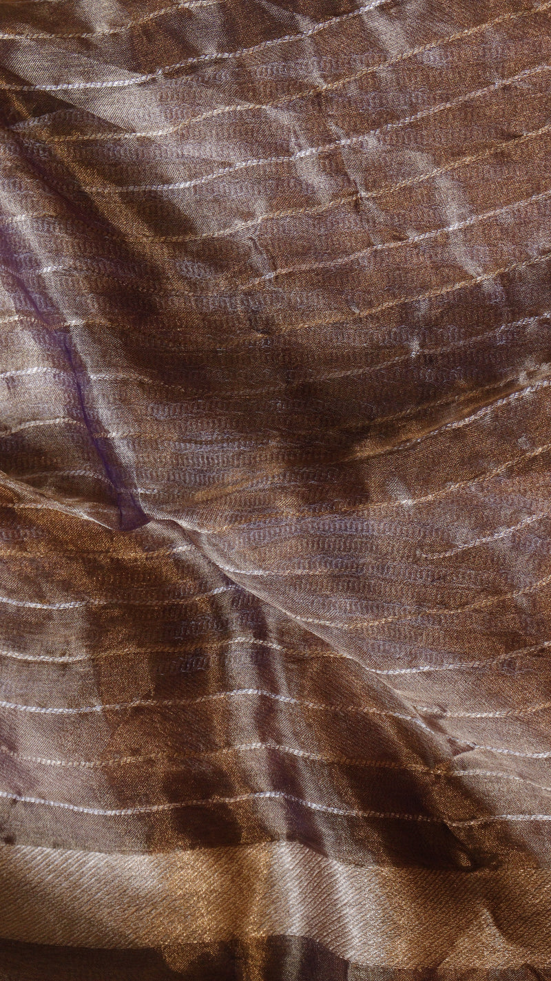 Brown Pure Tissue Silk Handloom Saree with Silver & Golden Zari Leaf Shaped