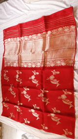 Red Pure Kora Silk Handloom Saree with Floral Motifs