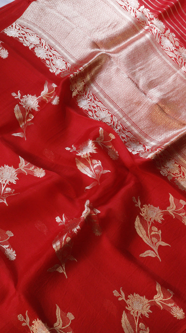 Red Pure Kora Silk Handloom Saree with Floral Motifs