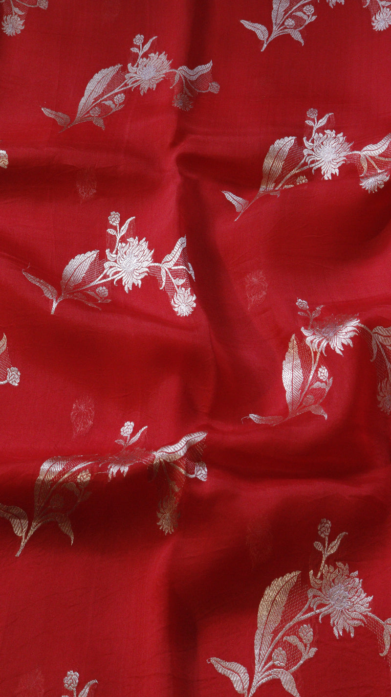 Red Pure Kora Silk Handloom Saree with Floral Motifs