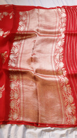 Red Pure Kora Silk Handloom Saree with Floral Motifs