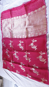 Magenta Pure Kora Silk Handloom Saree with Floral Motifs