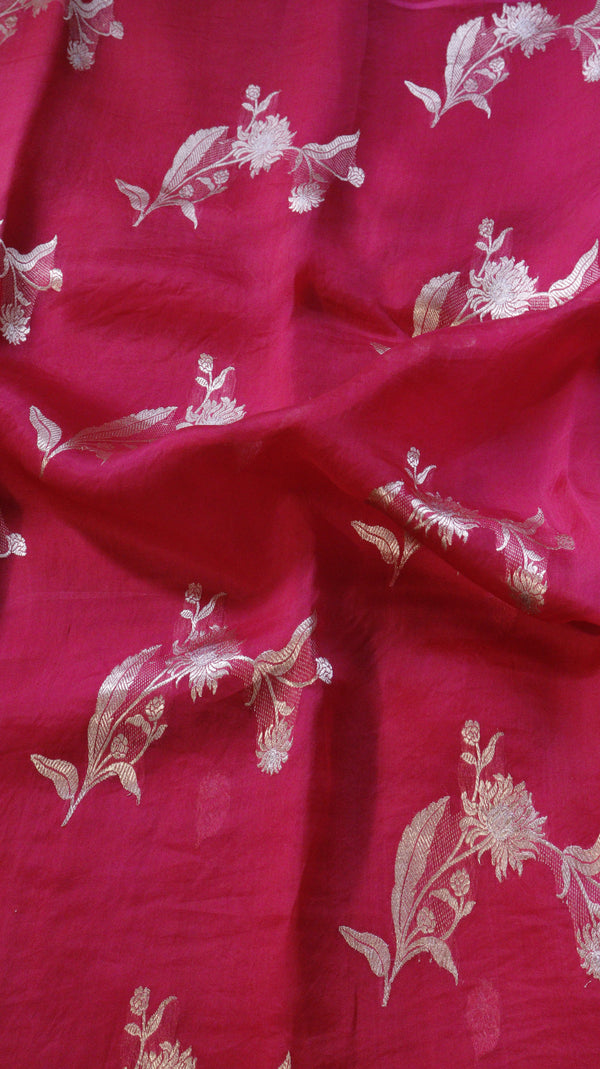 Magenta Pure Kora Silk Handloom Saree with Floral Motifs