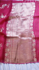 Magenta Pure Kora Silk Handloom Saree with Floral Motifs