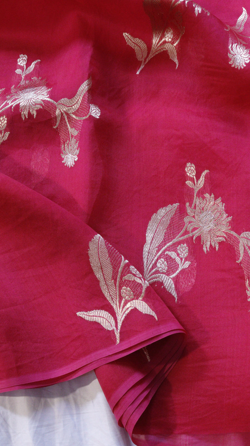 Magenta Pure Kora Silk Handloom Saree with Floral Motifs
