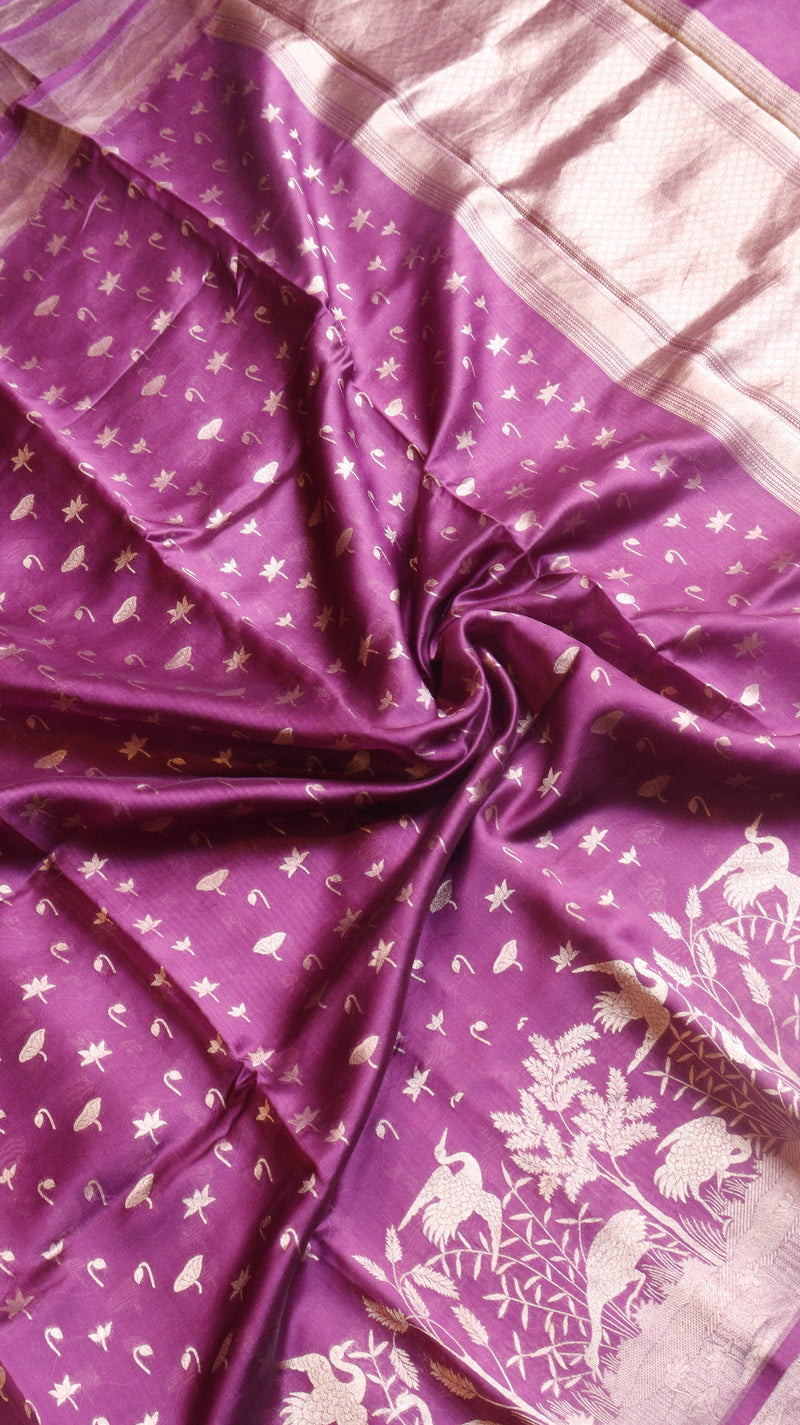 Purple Pure Moonga Katan Silk Handloom Saree with Shikargah Border