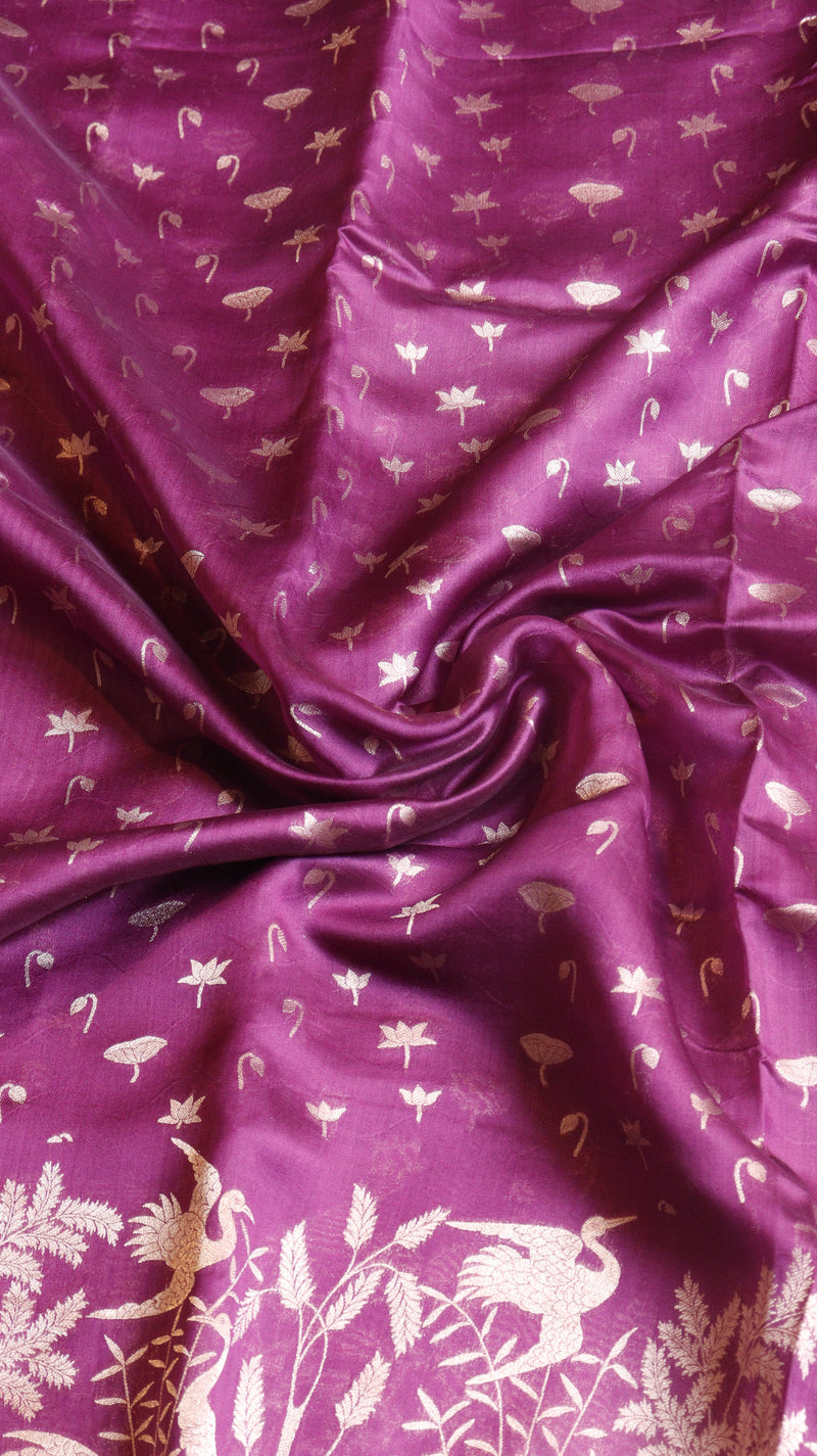 Purple Pure Moonga Katan Silk Handloom Saree with Shikargah Border