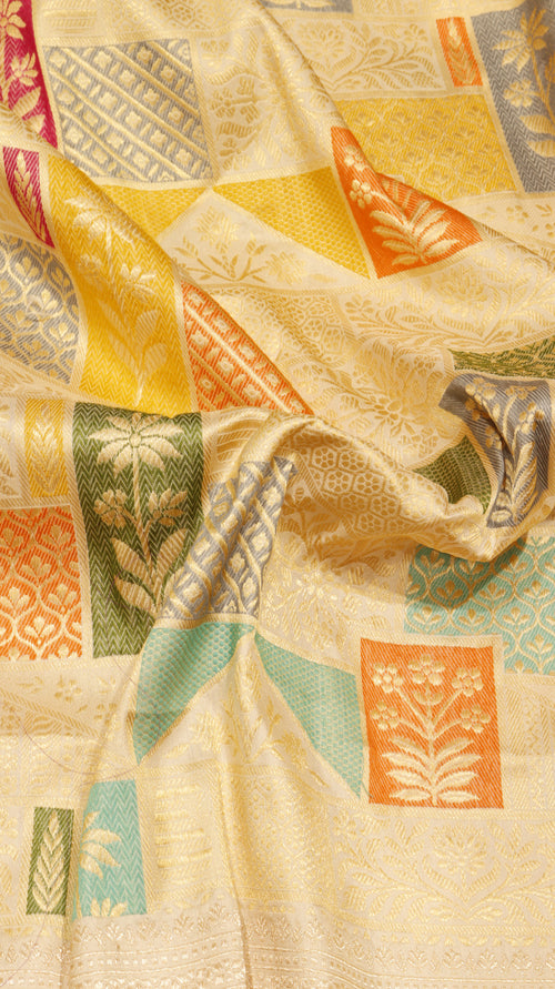 Beige Pure Katan Silk Handloom Saree with Traditional Border