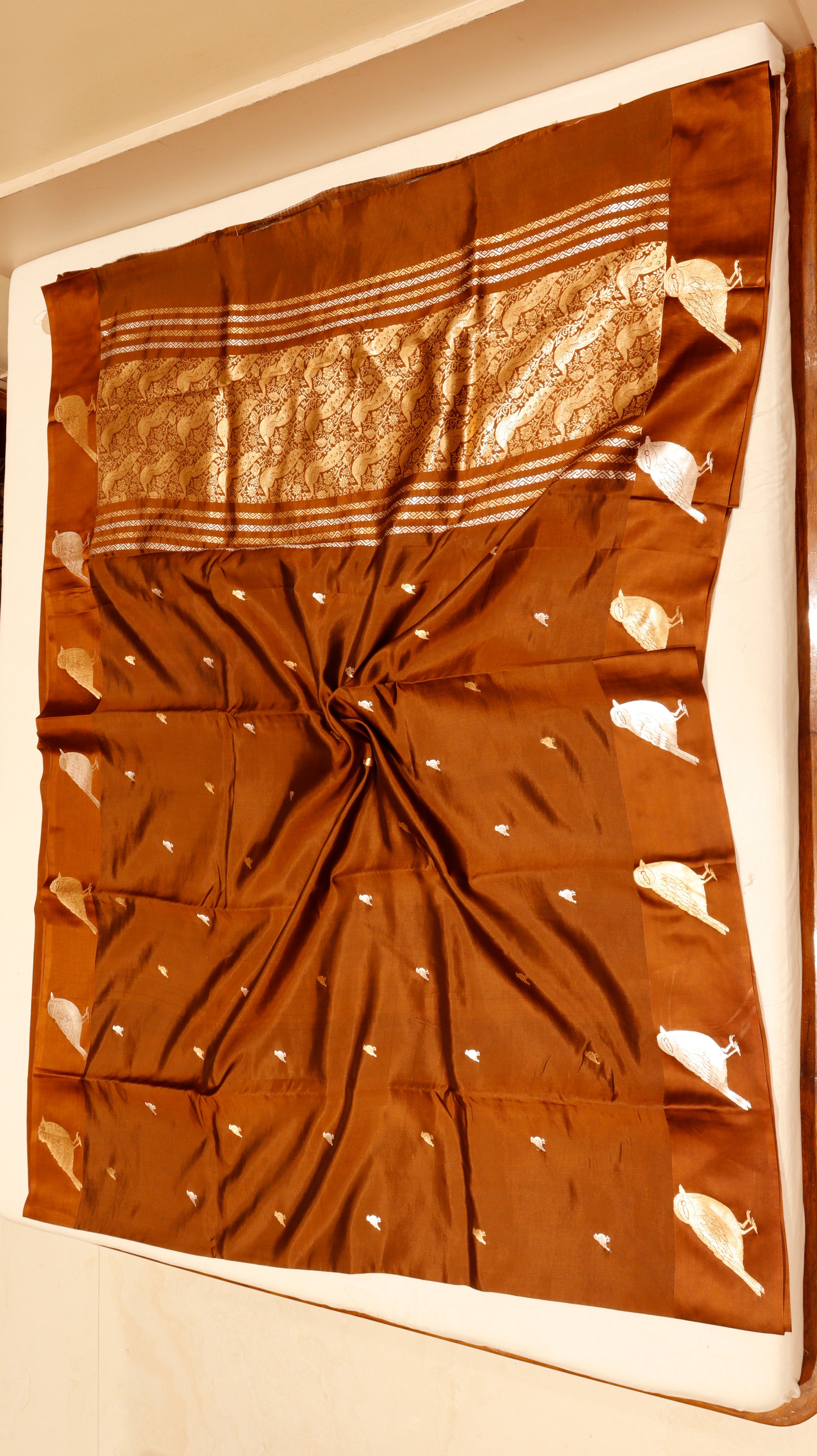 Pre-Order : Brown Pure Soft Katan Silk Handloom Saree with Stripe Blouse