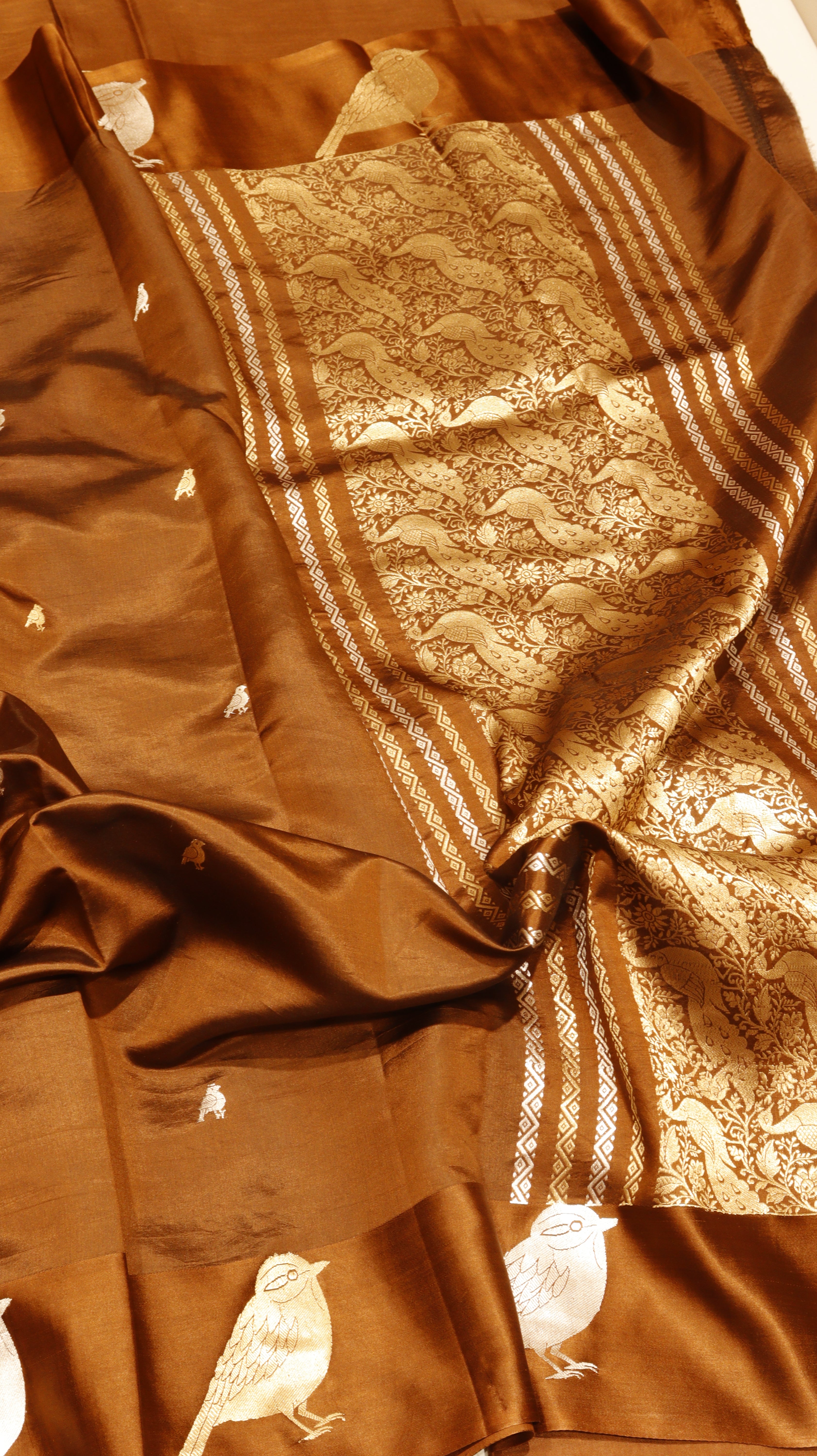 Pre-Order : Brown Pure Soft Katan Silk Handloom Saree with Stripe Blouse