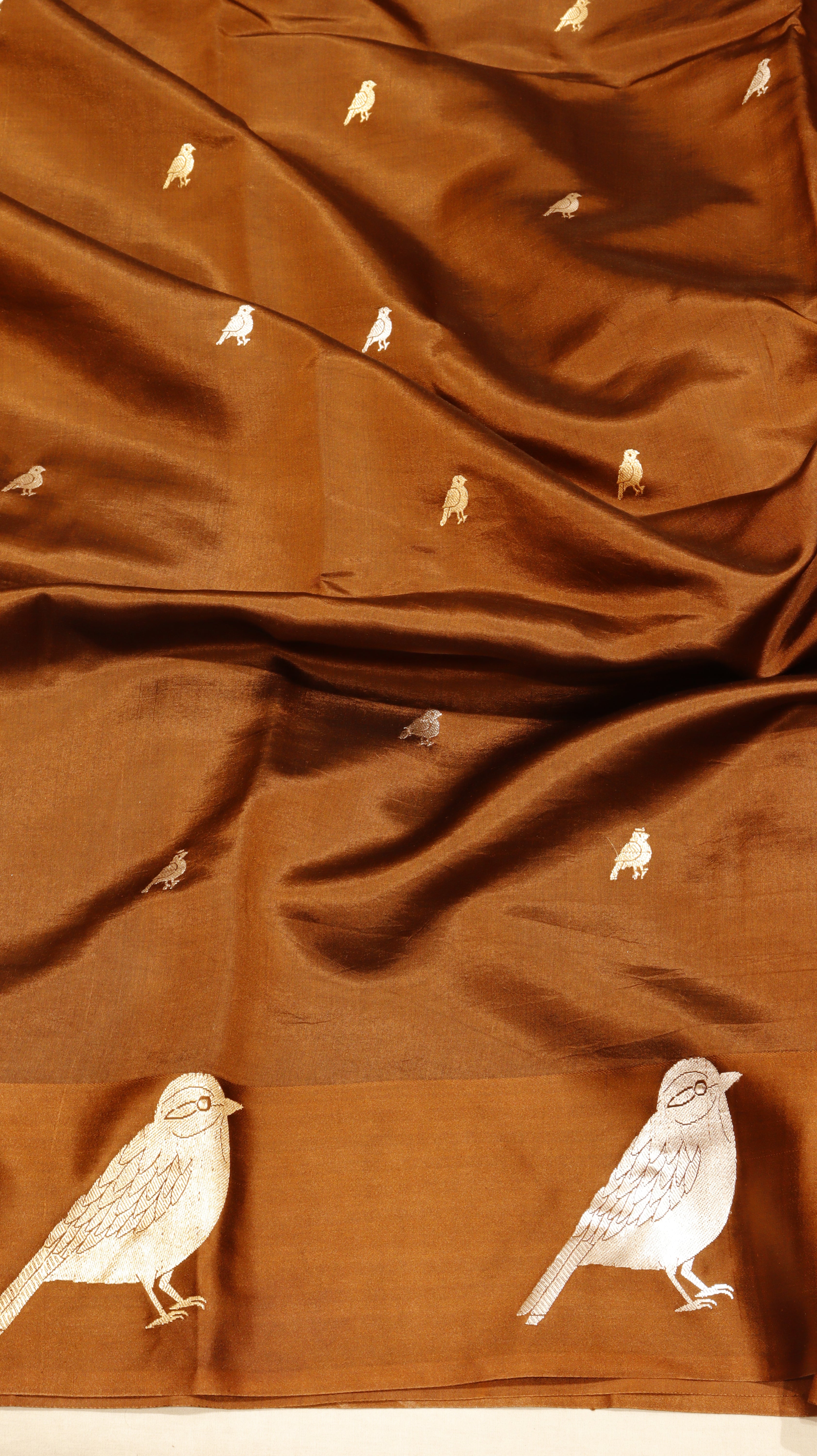Pre-Order : Brown Pure Soft Katan Silk Handloom Saree with Stripe Blouse