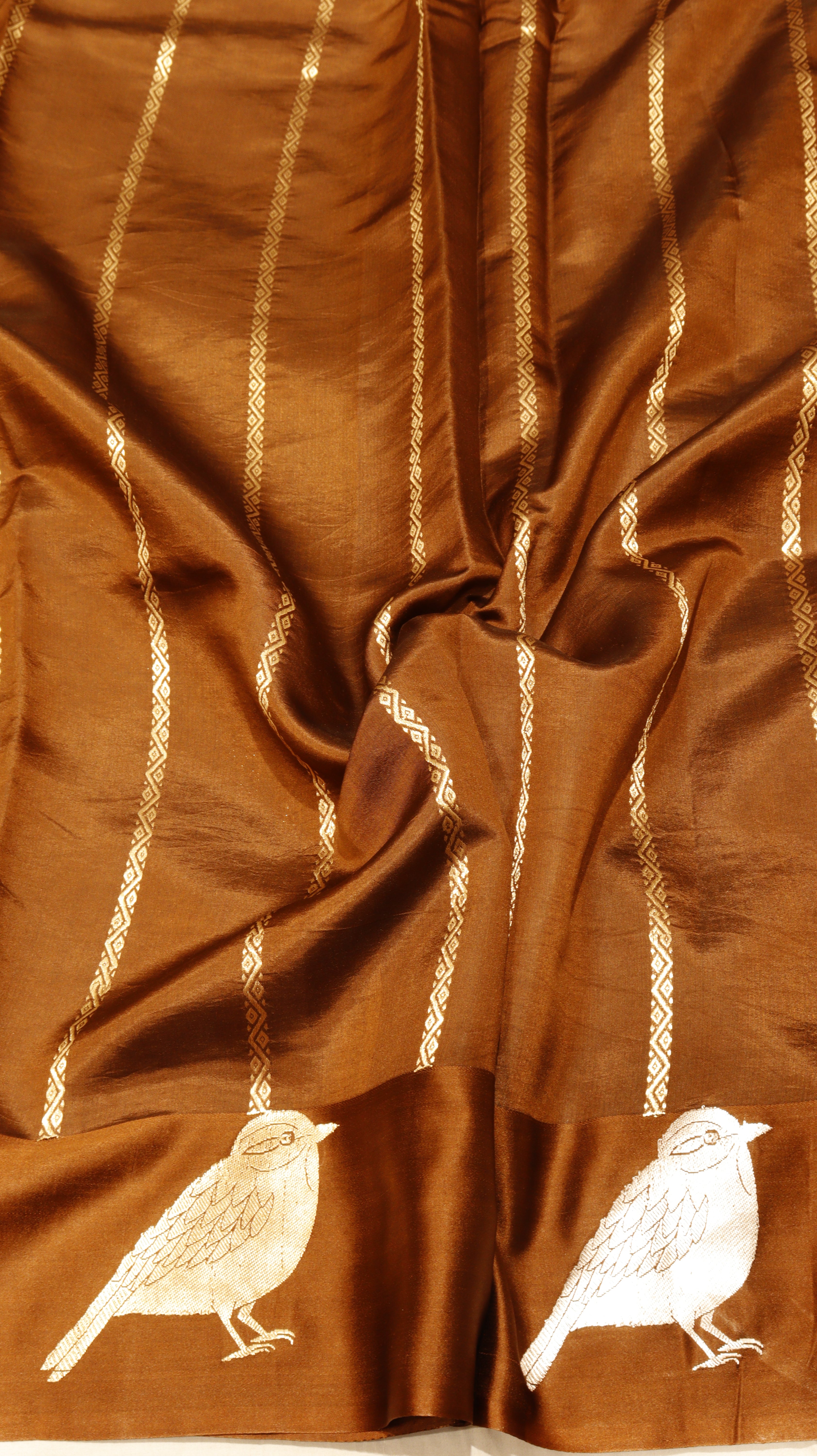 Pre-Order : Brown Pure Soft Katan Silk Handloom Saree with Stripe Blouse