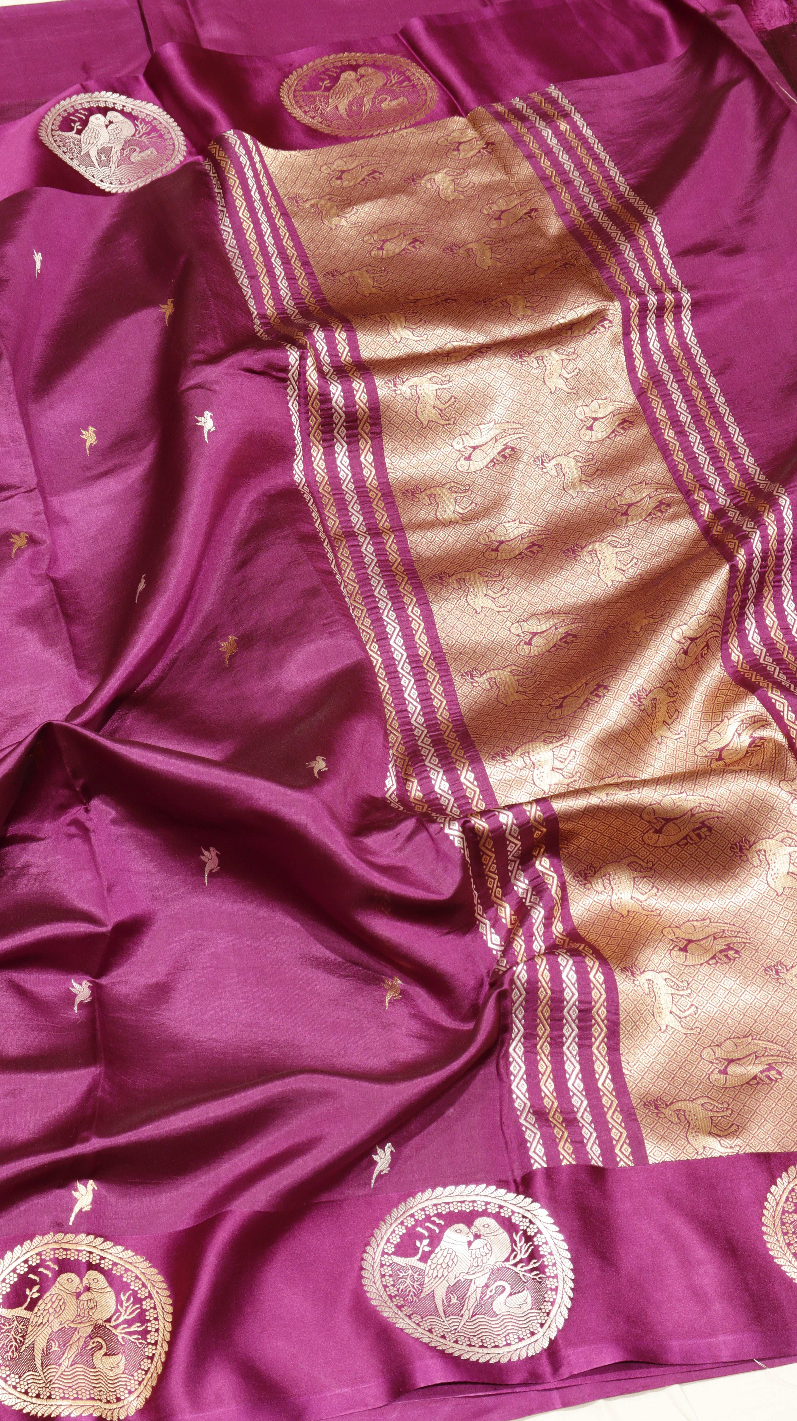Magenta Purple Pure Soft Katan Silk Handloom Saree with Stripes Blouse