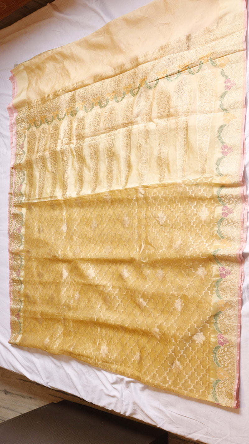 Yellow Kora Silk Handloom Saree with Soft Katan Border