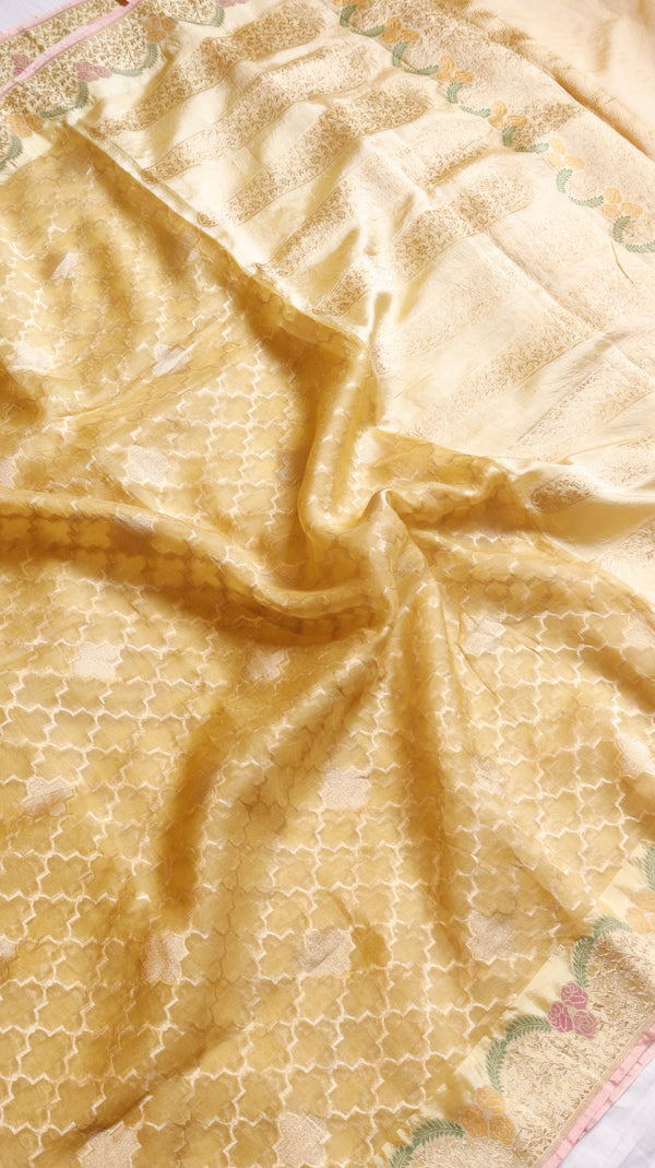 Yellow Kora Silk Handloom Saree with Soft Katan Border