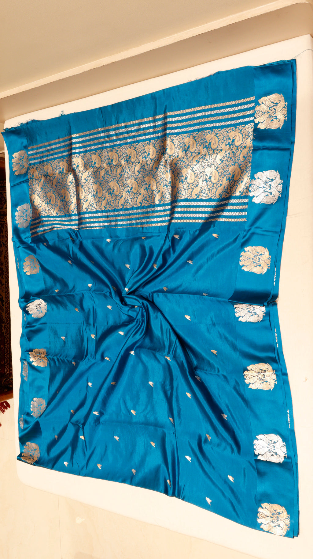 Pre-Order : Teal Blue Pure Soft Katan Silk Handloom Saree with Stripes Blouse