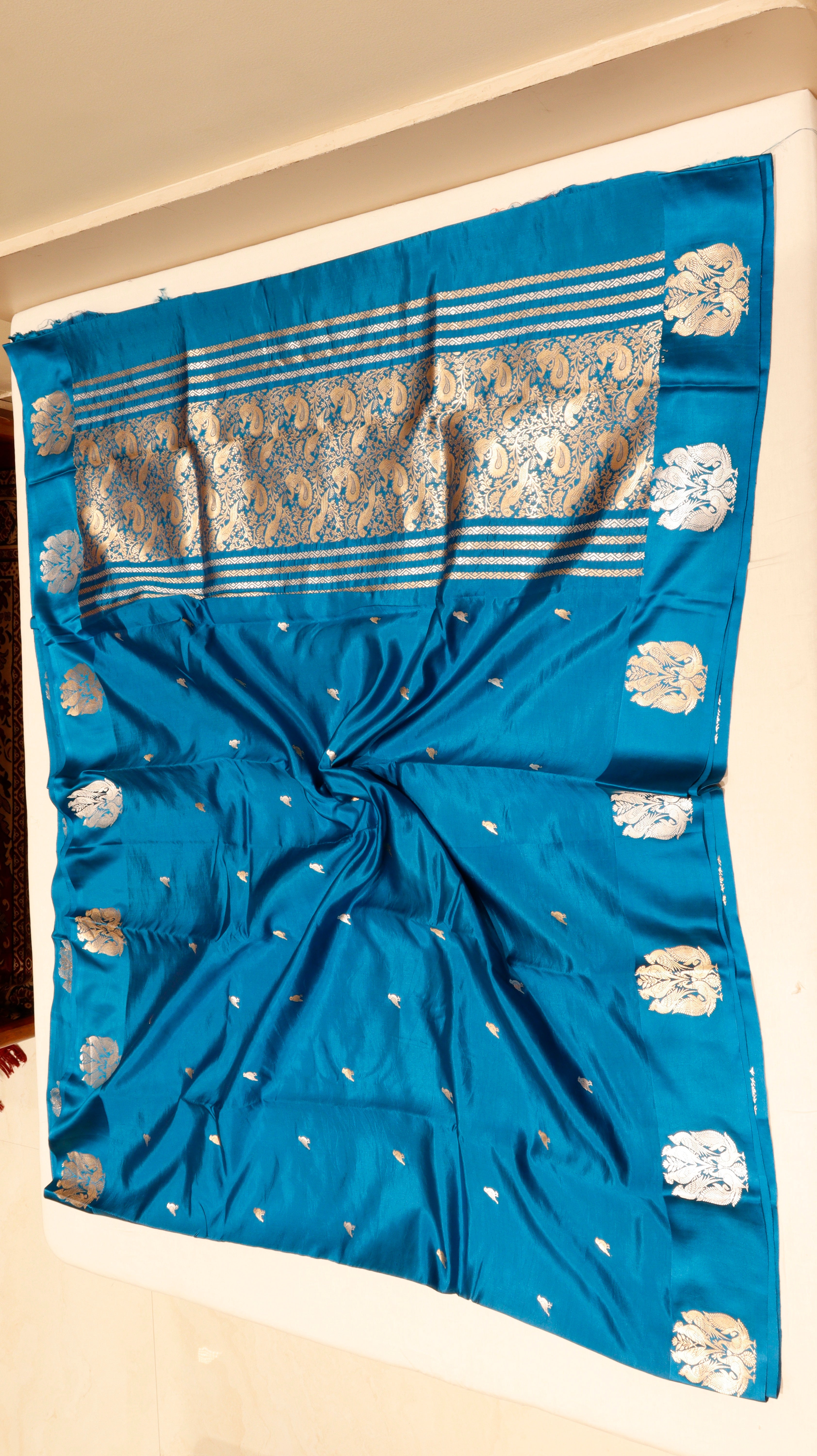 Pre-Order : Teal Blue Pure Soft Katan Silk Handloom Saree with Stripes Blouse