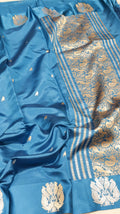 Pre-Order : Teal Blue Pure Soft Katan Silk Handloom Saree with Stripes Blouse