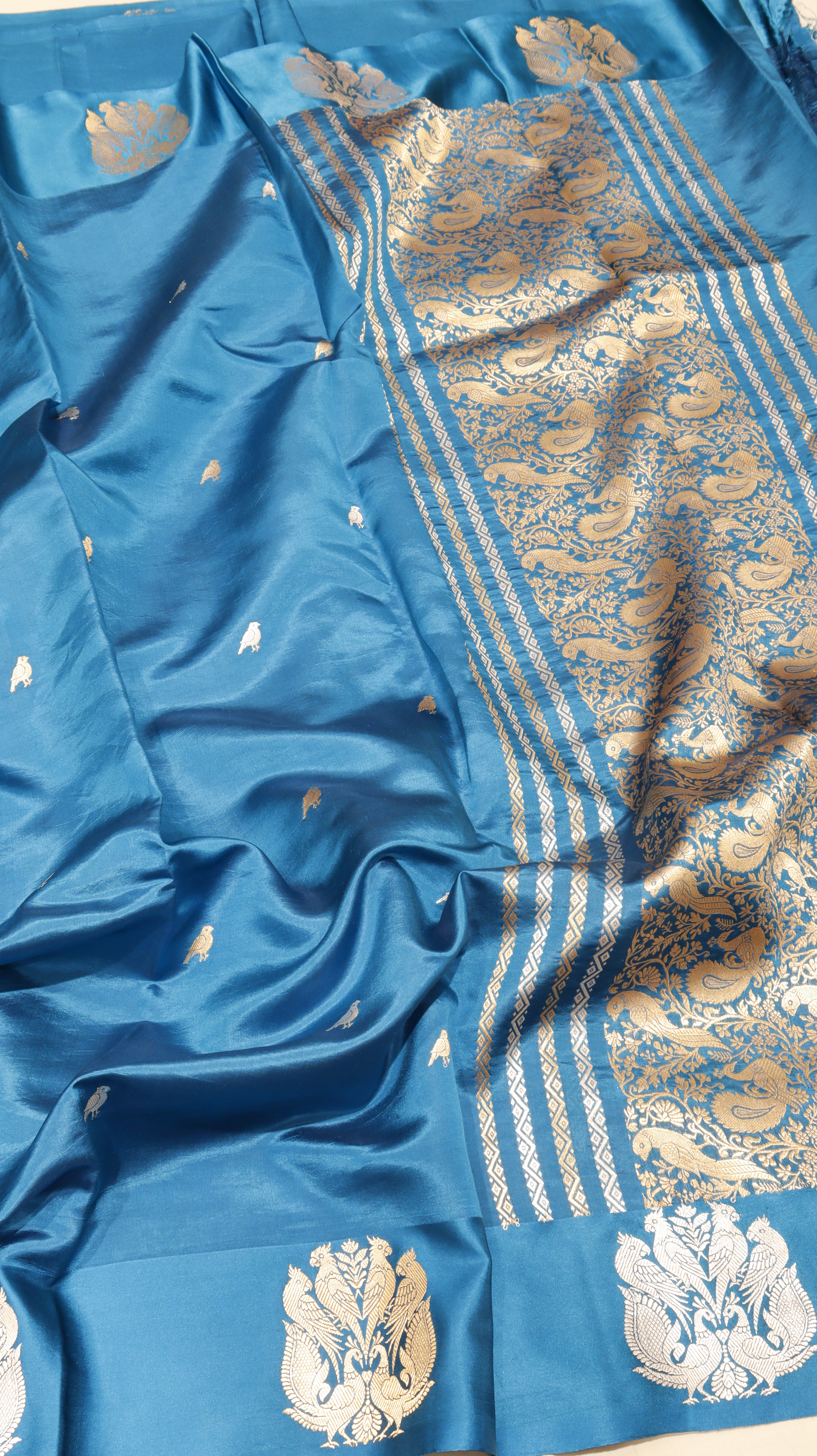 Pre-Order : Teal Blue Pure Soft Katan Silk Handloom Saree with Stripes Blouse
