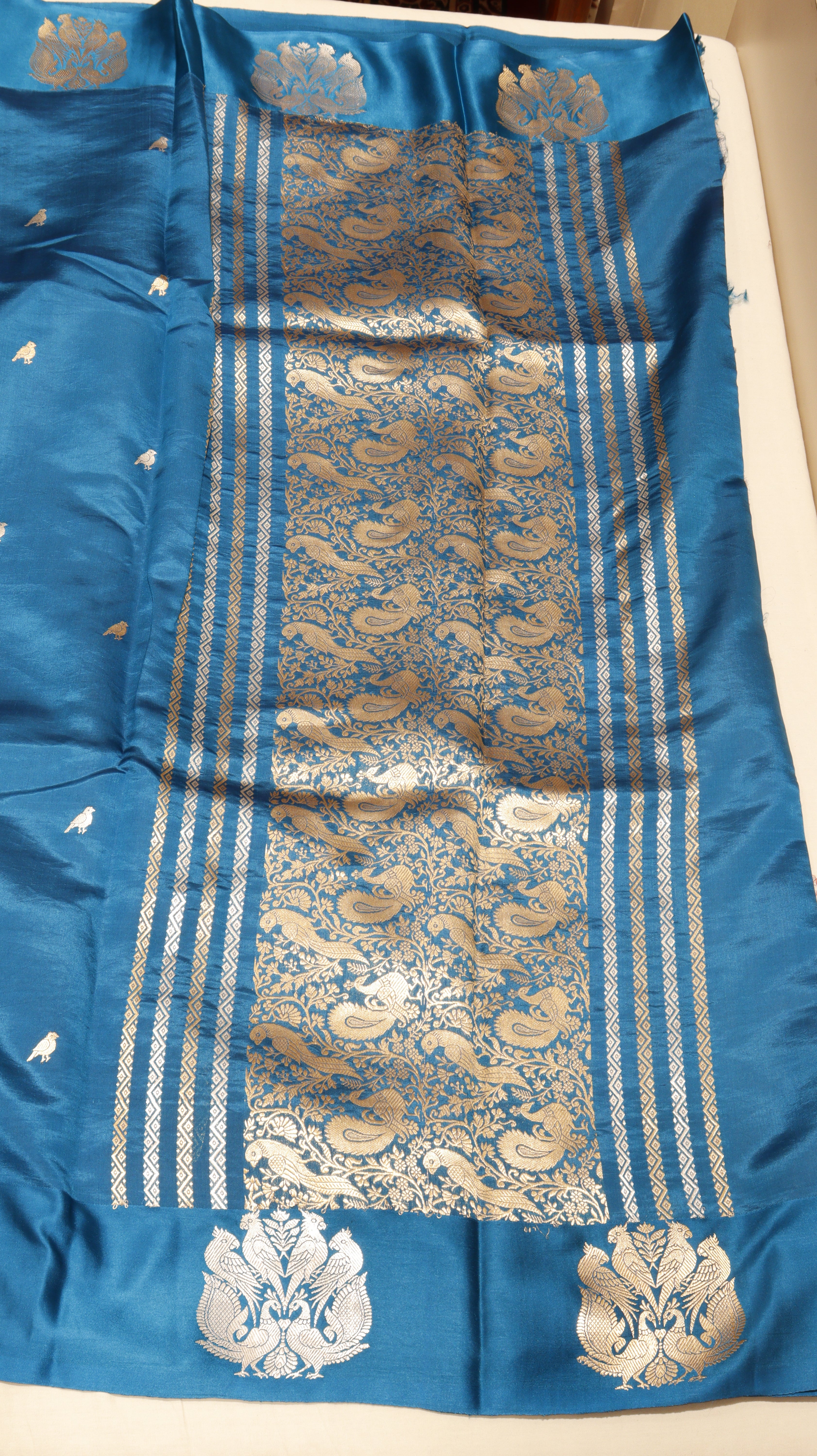 Pre-Order : Teal Blue Pure Soft Katan Silk Handloom Saree with Stripes Blouse