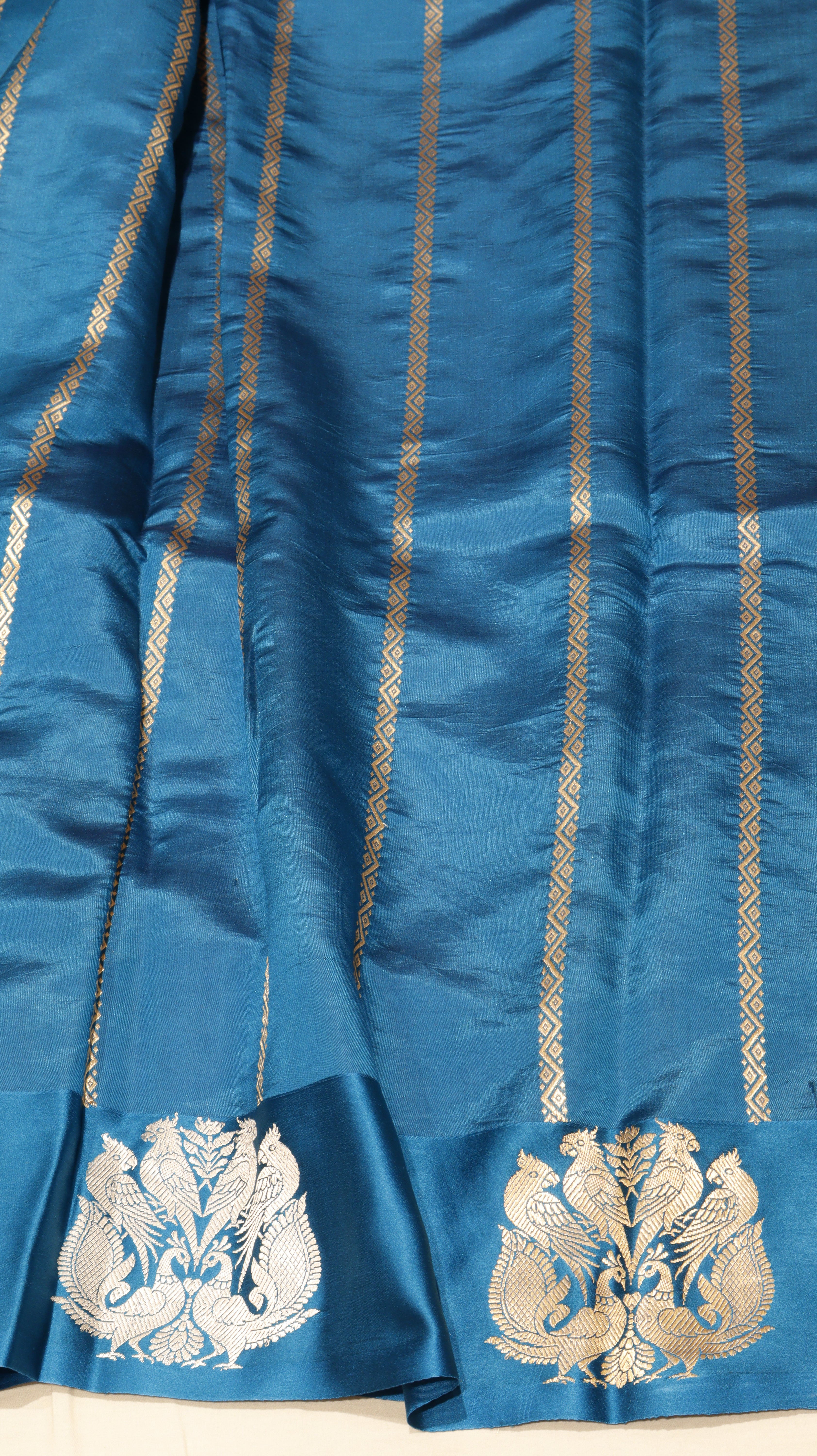 Pre-Order : Teal Blue Pure Soft Katan Silk Handloom Saree with Stripes Blouse