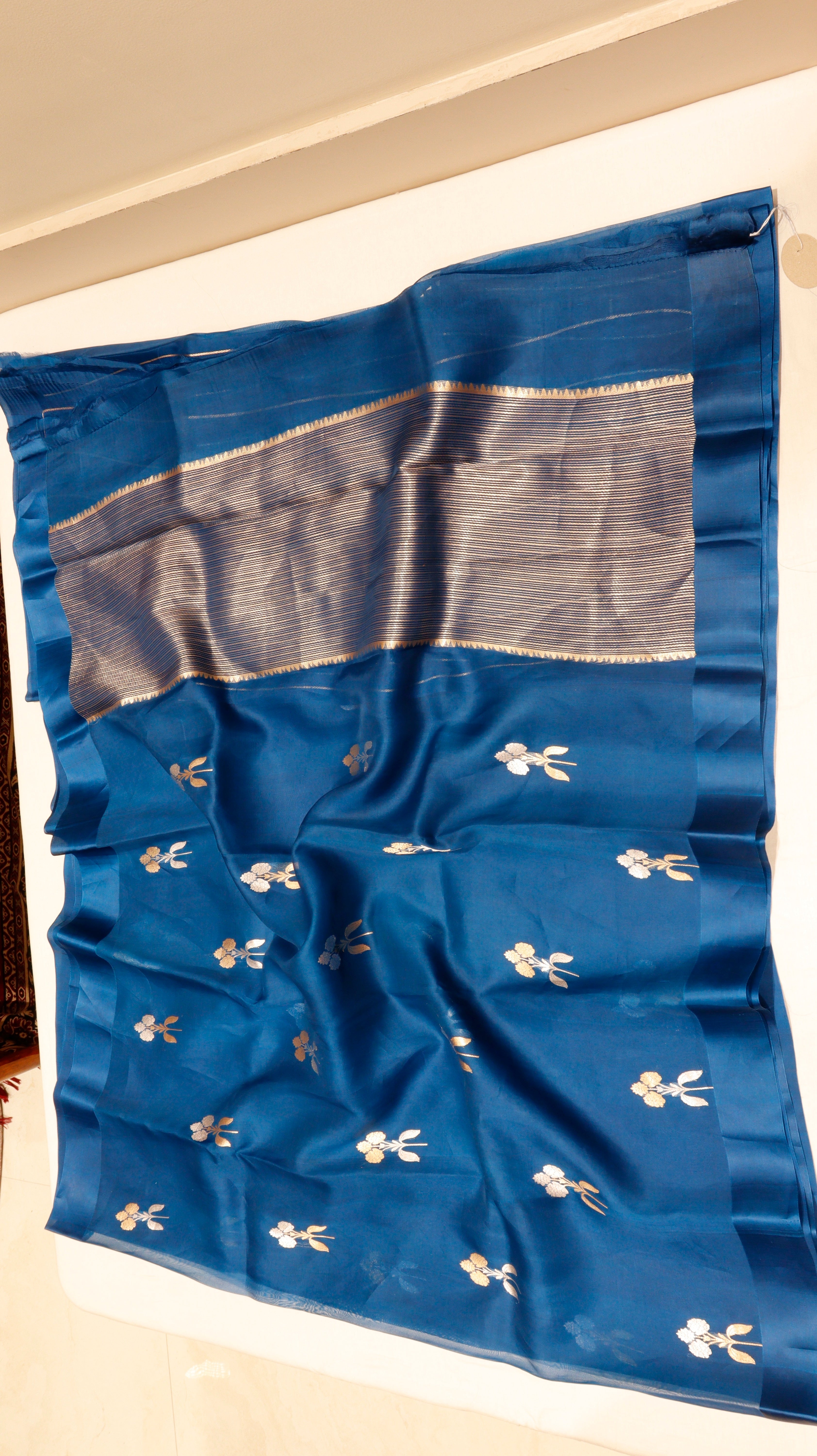 Pre-Order : Deep Blue Pure Kora Silk Handloom Saree with Stripes Blouse