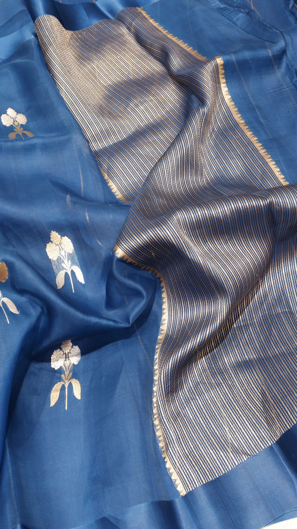 Pre-Order : Deep Blue Pure Kora Silk Handloom Saree with Stripes Blouse
