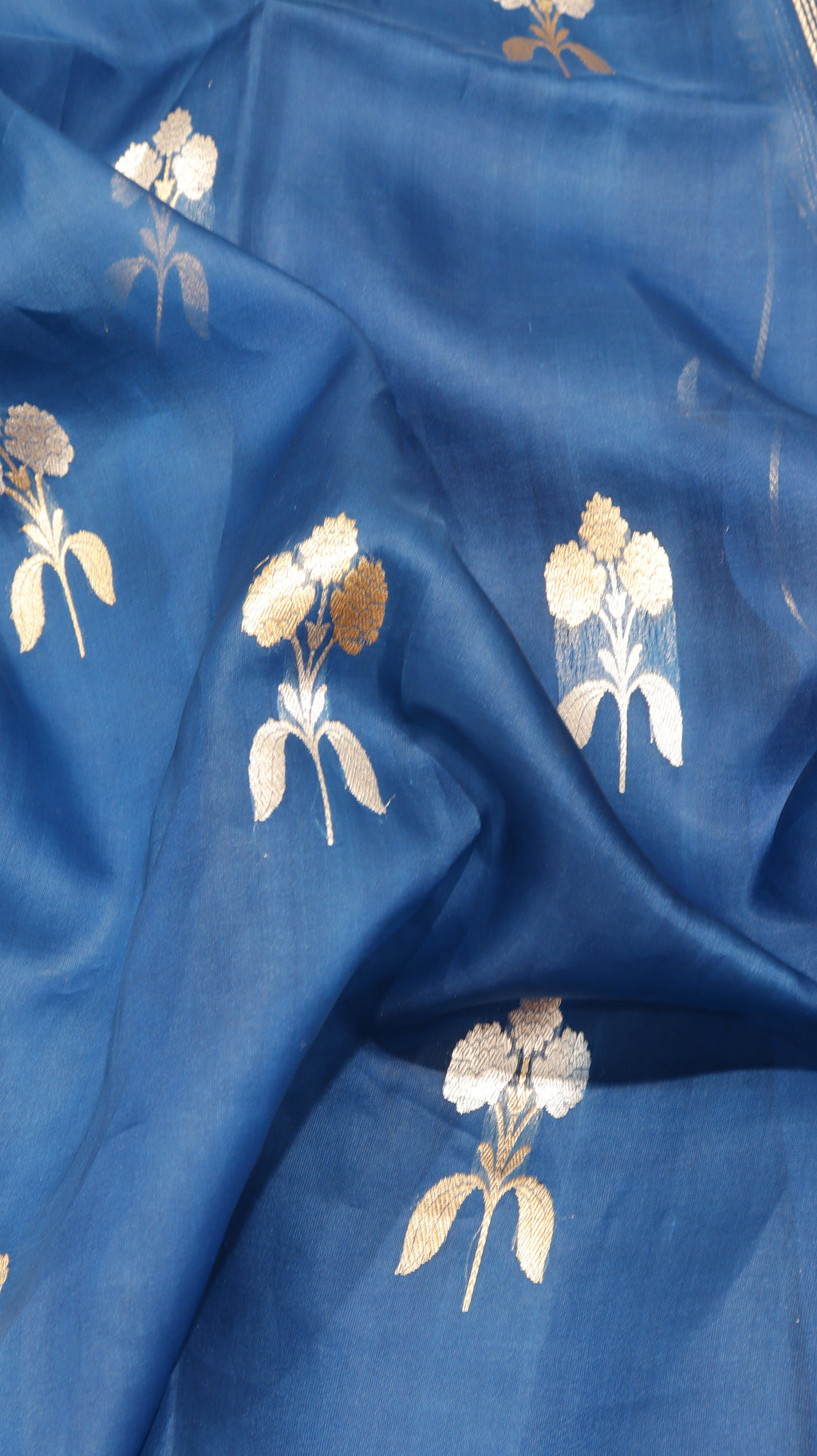 Pre-Order : Deep Blue Pure Kora Silk Handloom Saree with Stripes Blouse