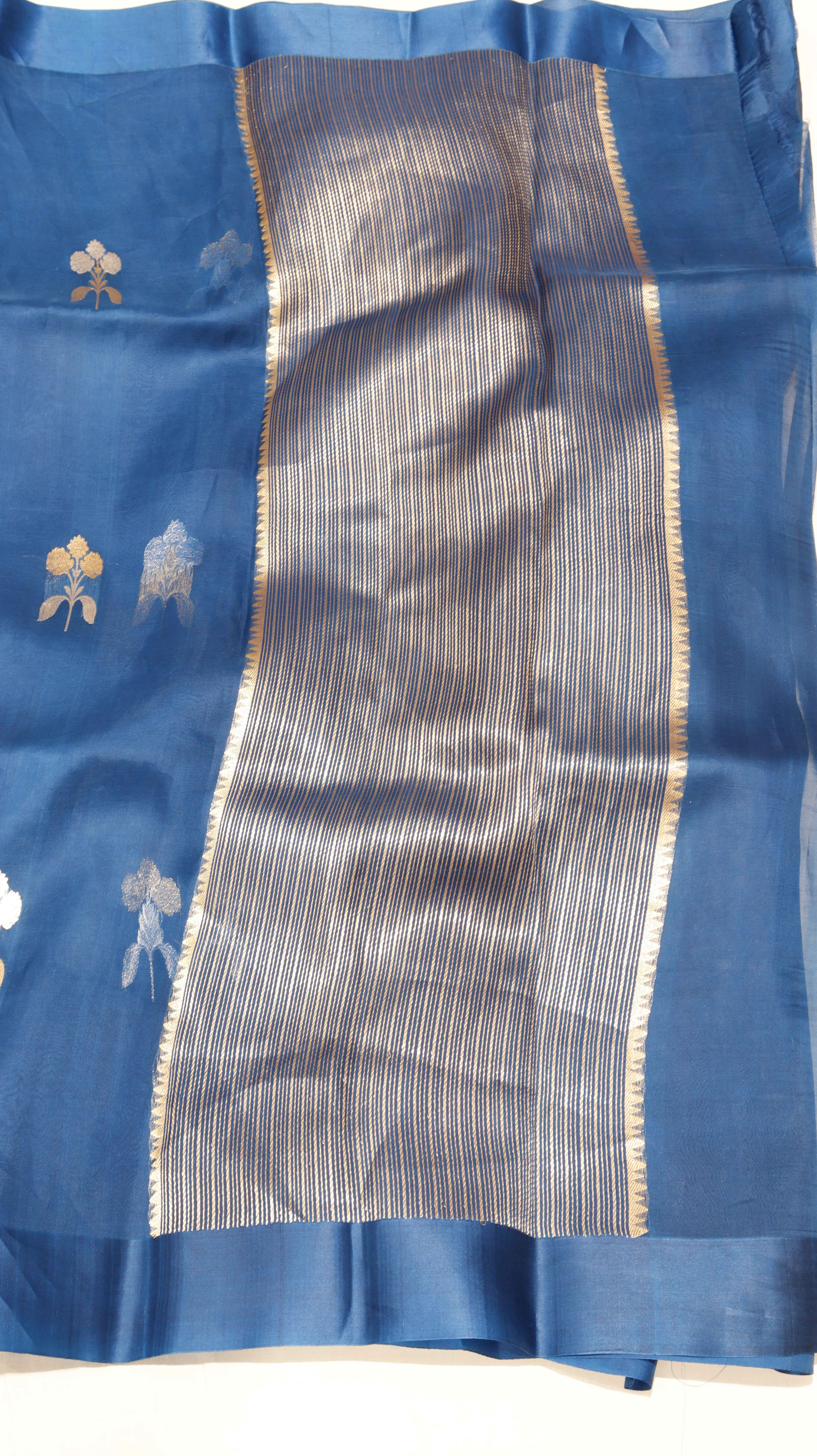 Pre-Order : Deep Blue Pure Kora Silk Handloom Saree with Stripes Blouse