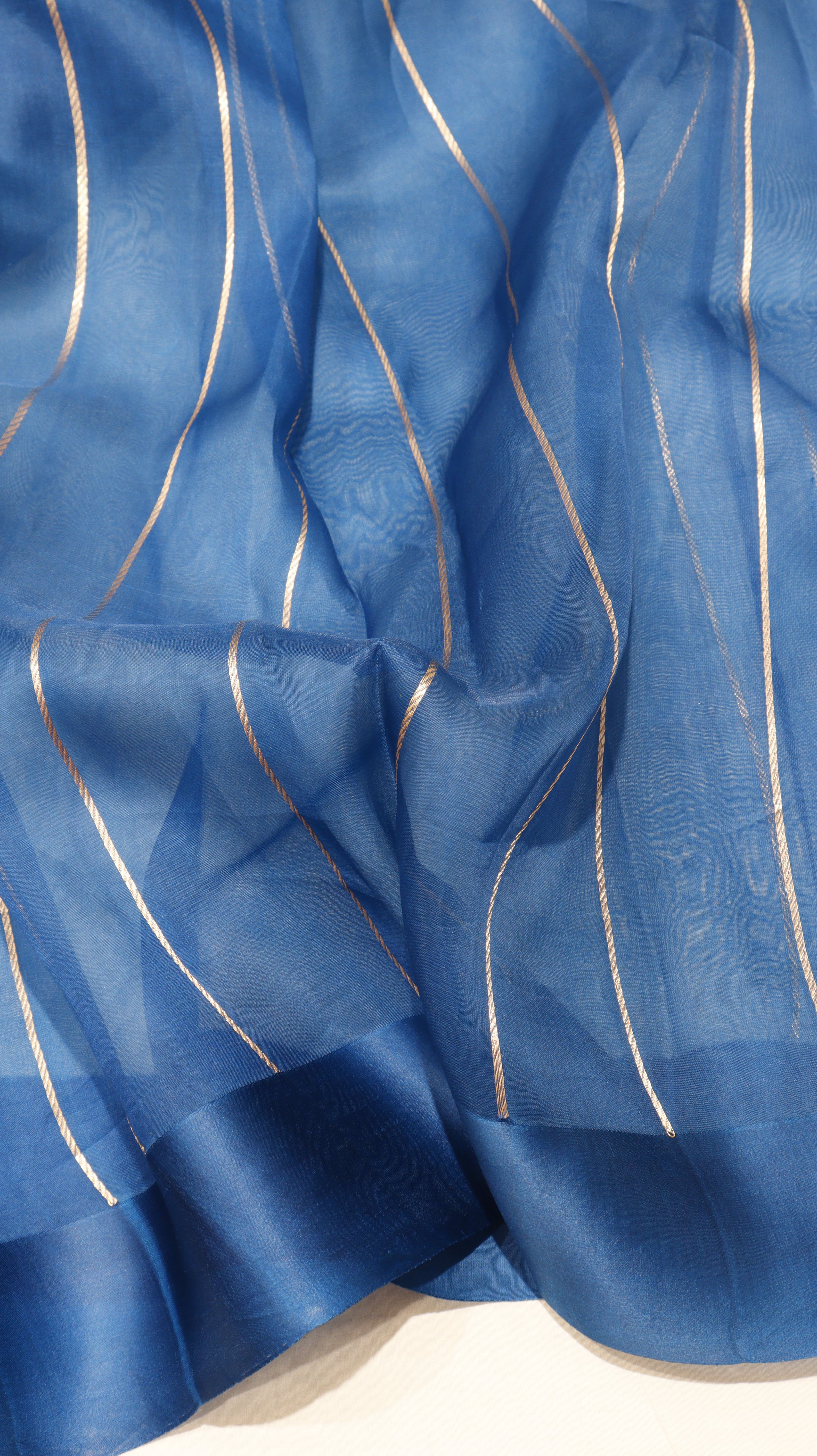 Pre-Order : Deep Blue Pure Kora Silk Handloom Saree with Stripes Blouse